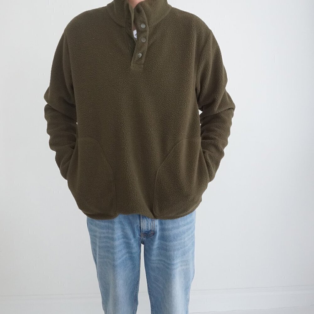 Hudson North Olive Green Button Collar Outdoors Fleece Pull Over Sweater Medium